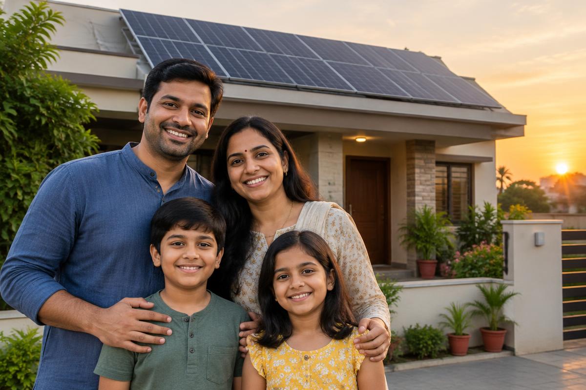 Indian family outside their home with rooftop solar panels
