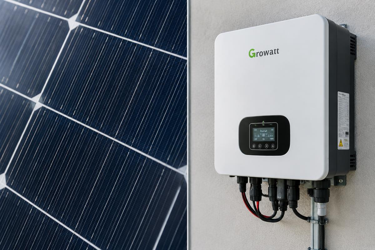 Close-up of solar panel cells and an inverter